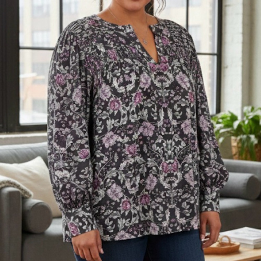 NWT Lane Bryant Peasant Top Tunic Black Purple Floral Balloon Sleeves Sz 24 Boho - Picture 1 of 11